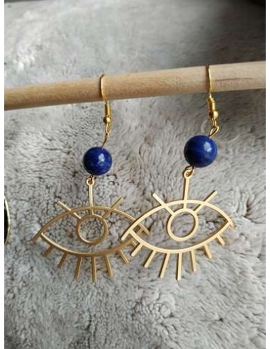 Boucles d'oreilles dorées œil avec perle en Lapis Lazuli