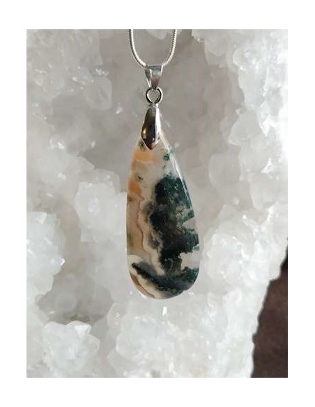 Pendentif goutte d'eau longue en agate mousse de La Bijouterie Minérale