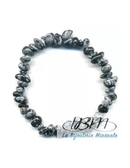 Bracelet baroque en chips de pierres roulées naturelles obsidienne flocon de neige (snowflake) par La Bijouterie Minérale