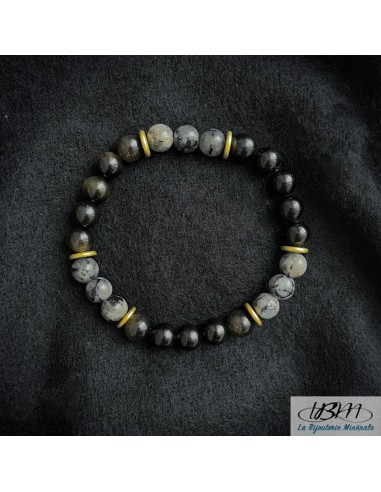 Bracelet homme-perles de 8mm onyx et larvikite par La Bijouterie Minérale