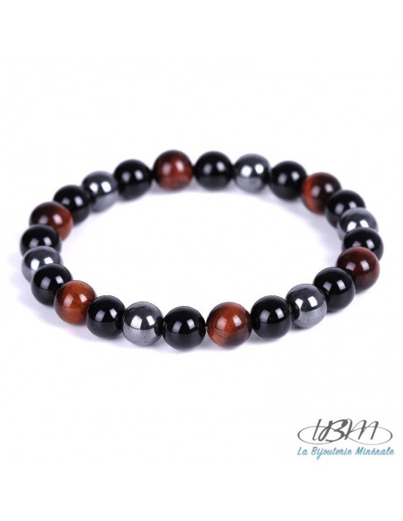 Bracelet-perles de 6,8 ou 10mm en  Hématite - Onyx - Oeil de tigre rouge (taureau) par La Bijouterie Minérale