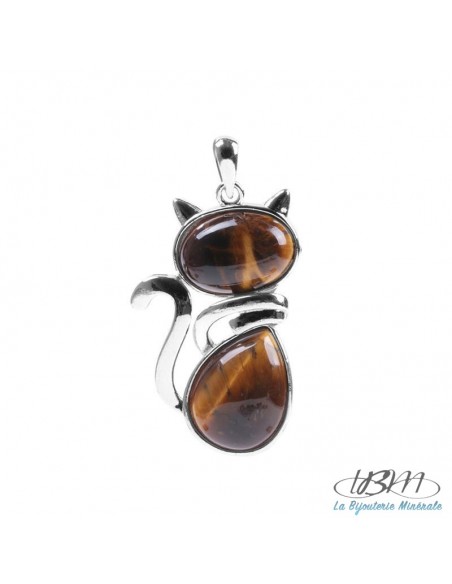 Pendentif en forme de chat pierre d'Oeil de tigre et base métal argenté . La Bijouterie Minérale