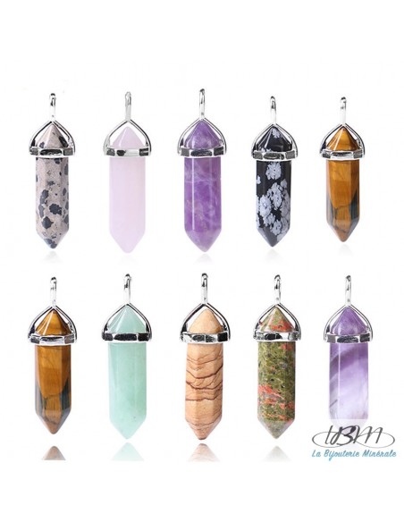 Pendentif pendule forme cristal bi-terminé coiffe metal en Unakite 