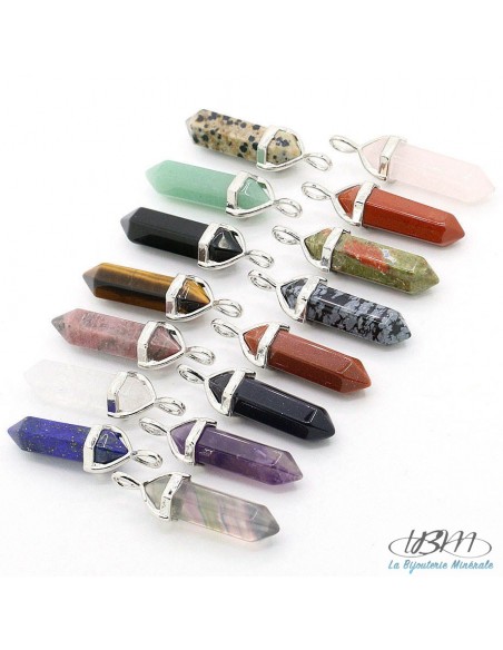 Pendentif pendule forme cristal bi-terminé coiffe metal en Unakite 