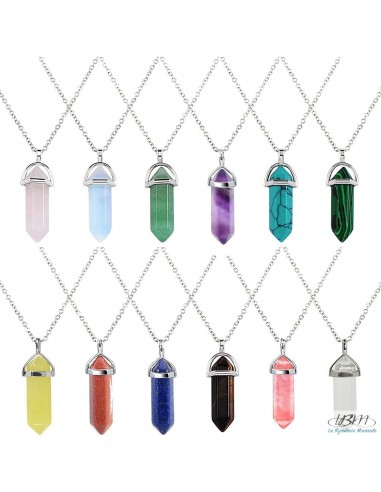 Pendentif pendule forme cristal bi-terminé coiffe metal en Unakite 