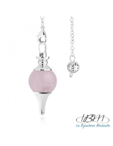 Pendule pendentif en métal argenté et perle de quartz rose de La Bijouterie Minérale