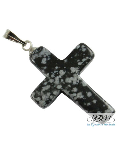 Petite croix en pendentif d'obsidienne neige (snowflake) naturelle de La Bijouterie Minérale