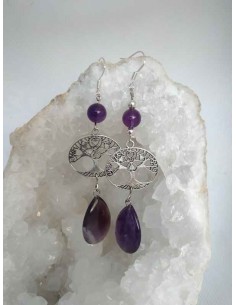 Boucles d'oreille d'améthyste, arbre de vie,perle et...